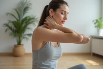 Femme pratiquant un étirement du trapèze et du cou sur un tapis de yoga à domicile pour soulager un nerf coincé