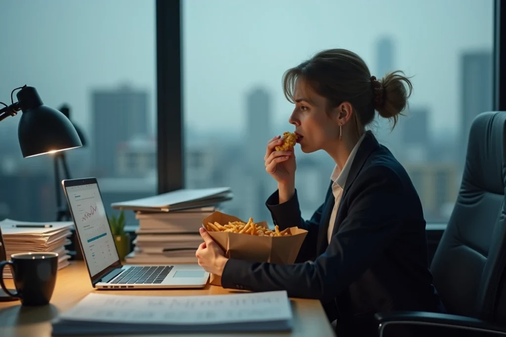Femme stressée mangeant de la restauration rapide à son bureau, symbolisant les erreurs alimentaires et le stress chronique augmentant le taux de GGT