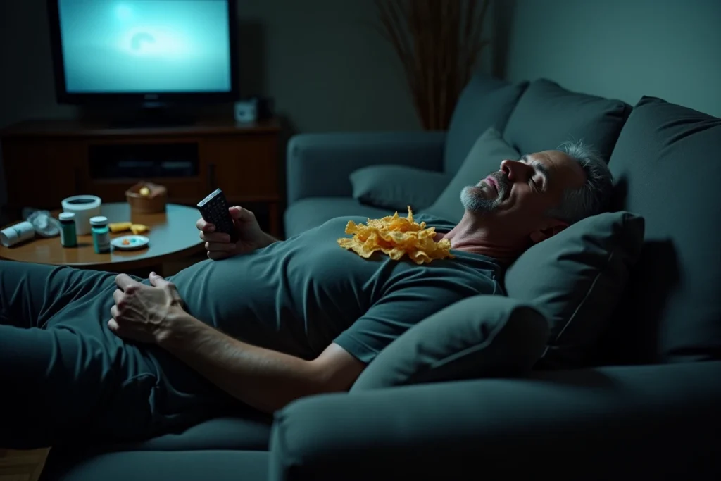 Homme endormi sur un canapé avec des snacks et un cendrier, illustrant la sédentarité, le tabagisme et les mauvaises habitudes de vie liées à une GGT haute