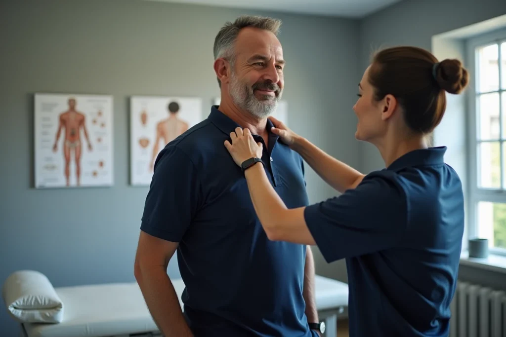 Kinésithérapeute effectuant un massage manuel du trapèze sur un patient pour traiter un nerf coincé en cabinet