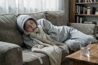 Adolescente épuisée allongée sur un canapé avec une couverture, visage pâle, symptômes de mononucléose