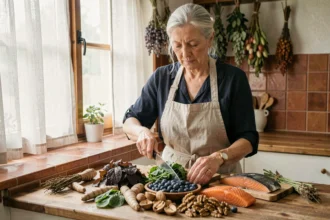 Femme de 60 ans préparant des aliments anti-inflammatoires pour soulager les douleurs articulaires dans une cuisine rustique