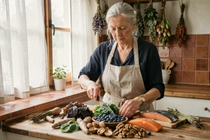 Femme de 60 ans préparant des aliments anti-inflammatoires pour soulager les douleurs articulaires dans une cuisine rustique