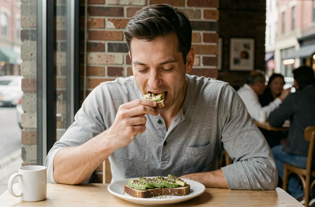 Homme mangeant lentement et consciemment un toast à l'avocat dans un café minimaliste urbain
