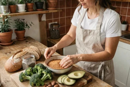 Femme préparant un assortiment d'aliments riches en fibres sur un comptoir en bois dans une cuisine rustique