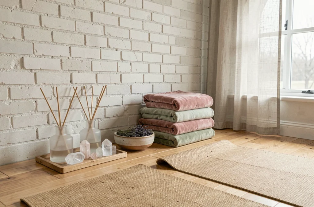 Coin bien-être olfactif dans un studio de yoga vide avec diffuseurs à roseaux, lavande séchée et tapis en jute