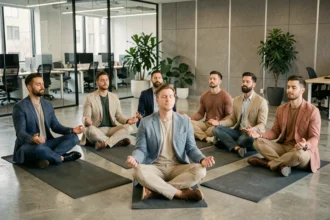 Groupe de professionnels en méditation collective sur des tapis dans un bureau moderne en open space