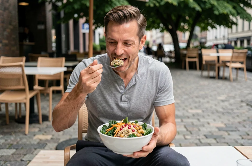 Homme mangeant un bol de quinoa et légumes riches en fibres en terrasse de café urbain