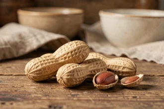 Cacahuètes entières et décortiquées posées sur une table en bois rustique, illustrant les bienfaits nutritionnels des arachides pour la santé