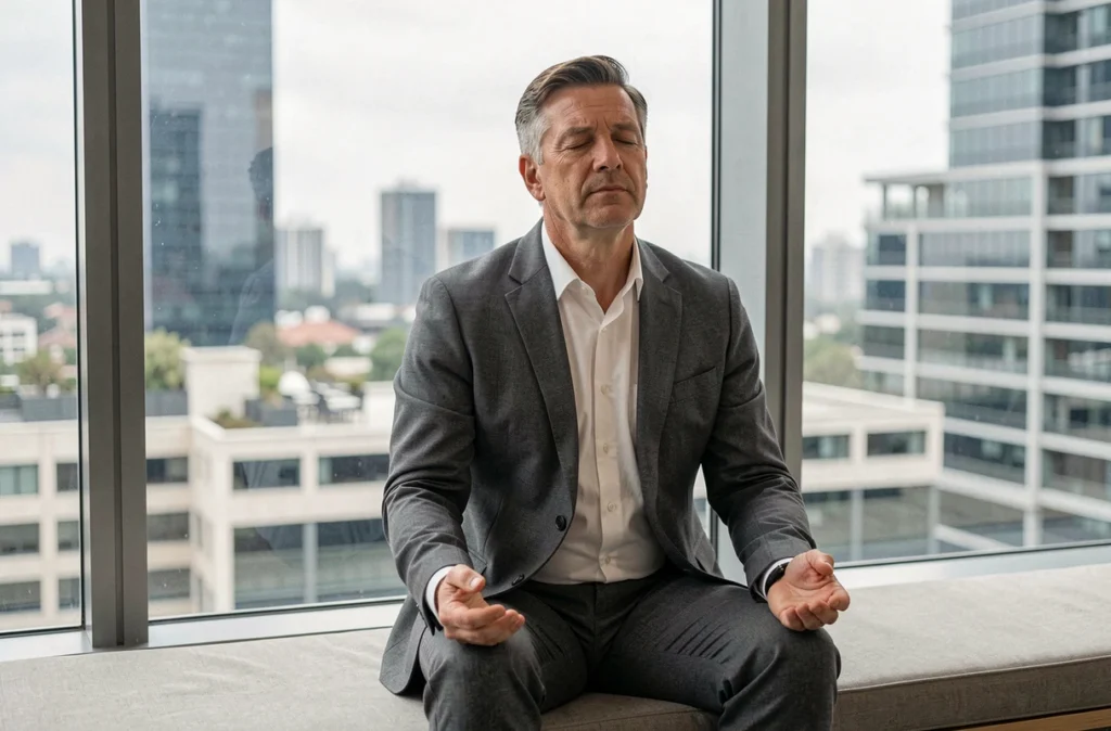 Cadre en entreprise méditant seul face à une fenêtre panoramique avec vue sur la ville