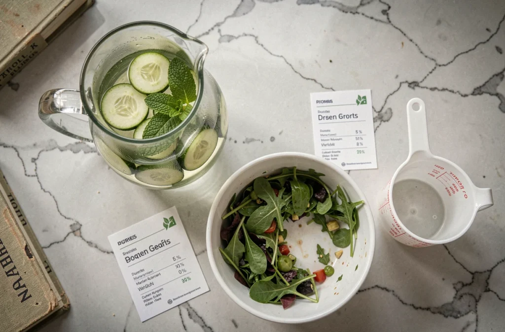 Vue du dessus d'une carafe d'eau infusée au concombre et à la menthe avec une salade, illustrant les stratégies d'hydratation pour réduire la faim