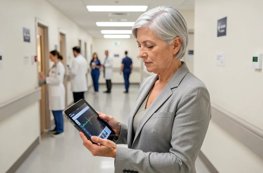 Une cardiologue consulte un graphique de variabilité cardiaque sur tablette dans un couloir d'hôpital