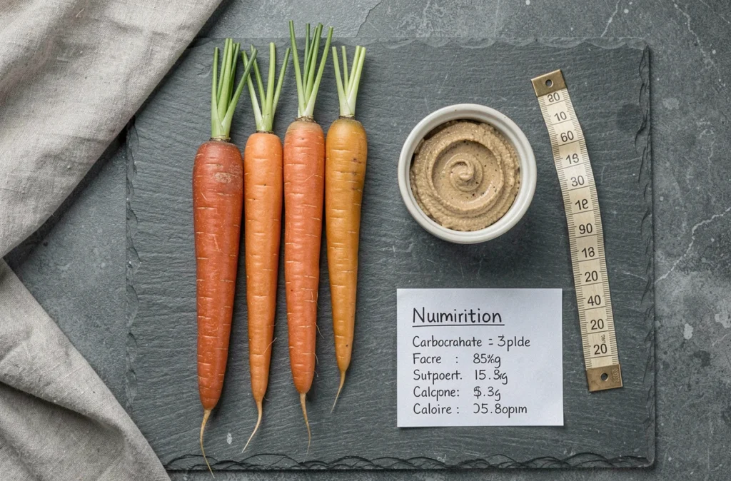 Vue de dessus de carottes crues et cuites avec tableau nutritionnel manuscrit sur ardoise grise