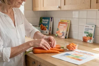 Nutritionniste arrangeant des carottes fraîches et un tableau de l'indice glycémique sur un plan de travail en bois