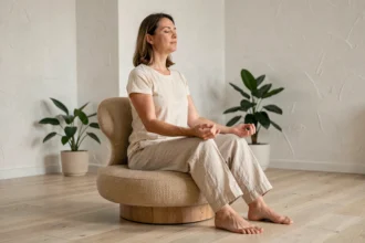 Femme pratiquant la méditation assise sur une chaise ergonomique en studio de yoga minimaliste