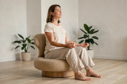 Femme pratiquant la méditation assise sur une chaise ergonomique en studio de yoga minimaliste