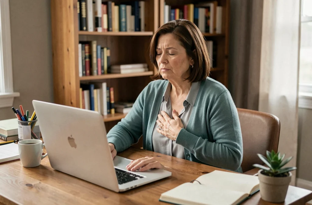 Femme en pause cohérence cardiaque à son bureau à domicile, main sur le cœur, respiration consciente pour réduire le stress au travail