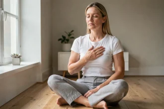 Femme pratiquant la cohérence cardiaque en position assise chez elle, main posée sur le cœur, expression apaisée dans un intérieur minimaliste