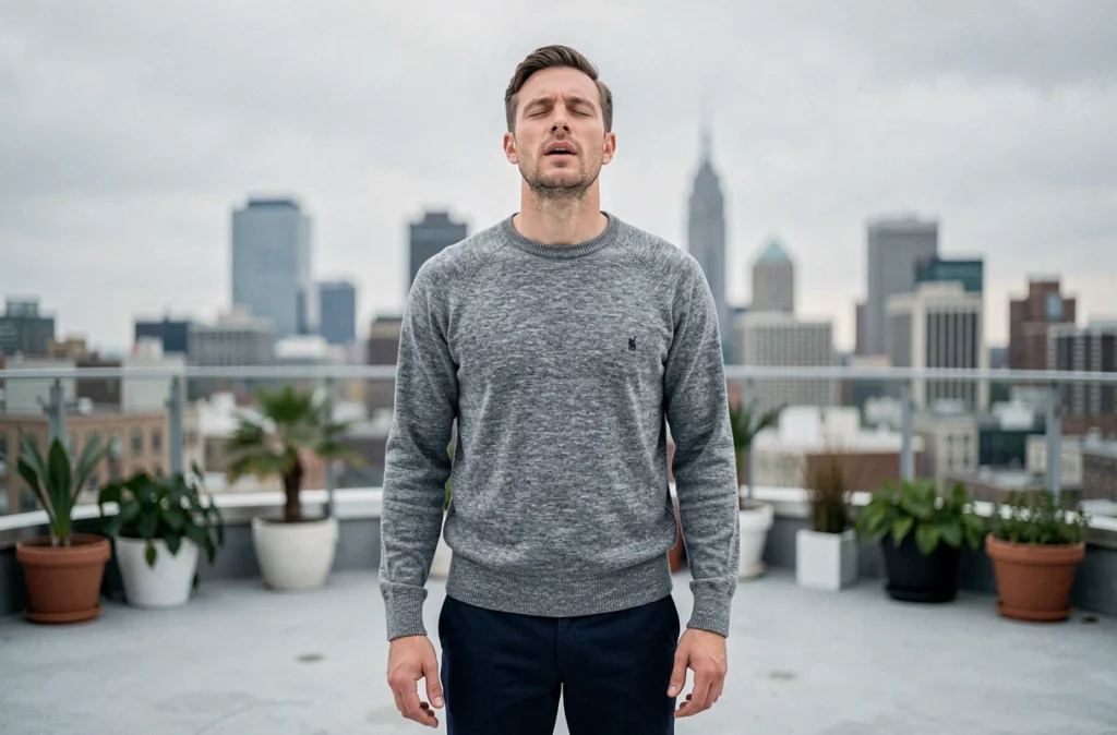 Homme pratiquant la cohérence cardiaque sur une terrasse urbaine, posture détendue, expiration consciente avec skyline en arrière-plan flou