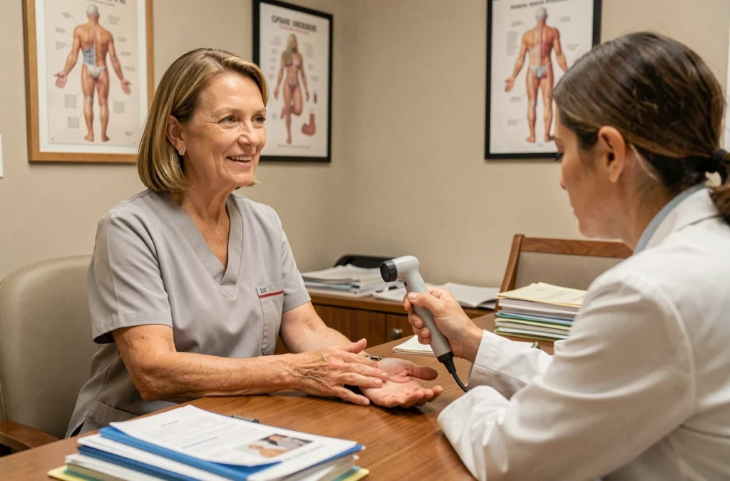 Consultation dermatologique pour l'examen d'une tache noire sous l'ongle avec dermatoscope