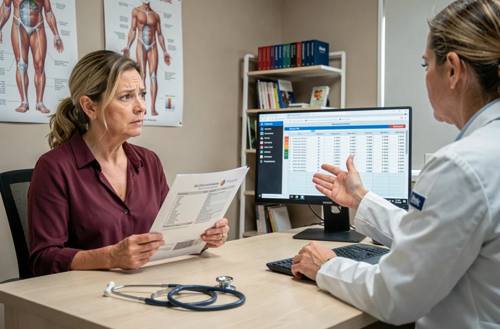 Consultation médicale d'une femme adulte présentant une fièvre persistante, discussion avec un médecin généraliste