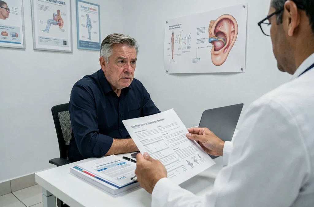 Patient en consultation médicale pour la maladie de Ménière face à un médecin ORL dans un cabinet moderne