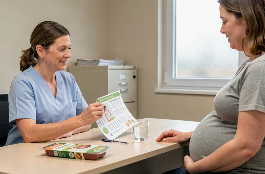 Sage-femme expliquant les règles alimentaires concernant la viande des Grisons à une femme enceinte lors d'une consultation