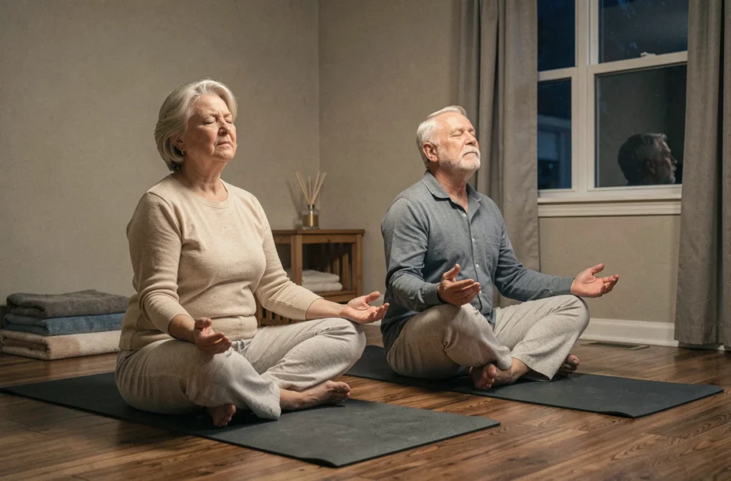 Couple de personnes âgées pratiquant ensemble des exercices respiratoires pour mieux dormir