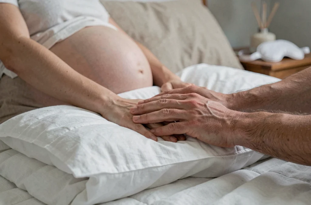 Mains du couple posées sur une couette blanche avec ventre de femme enceinte en arrière-plan flou