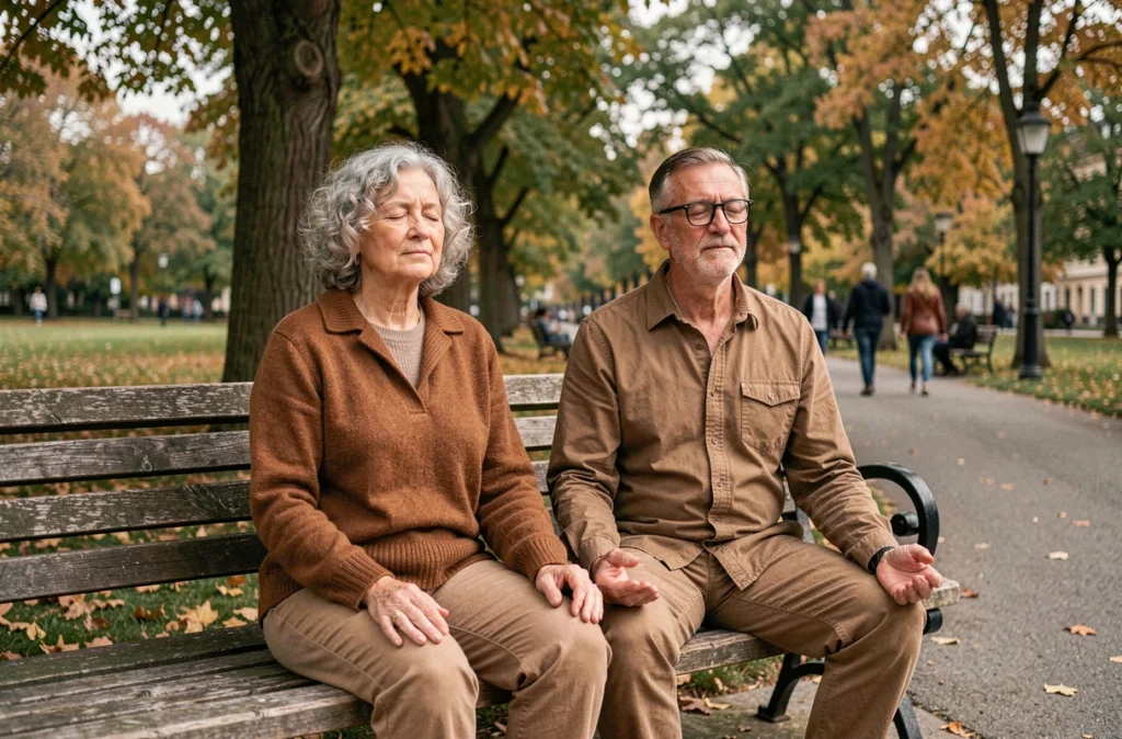 Couple de retraités méditant ensemble sur un banc dans un parc pour mieux gérer le stress à la retraite