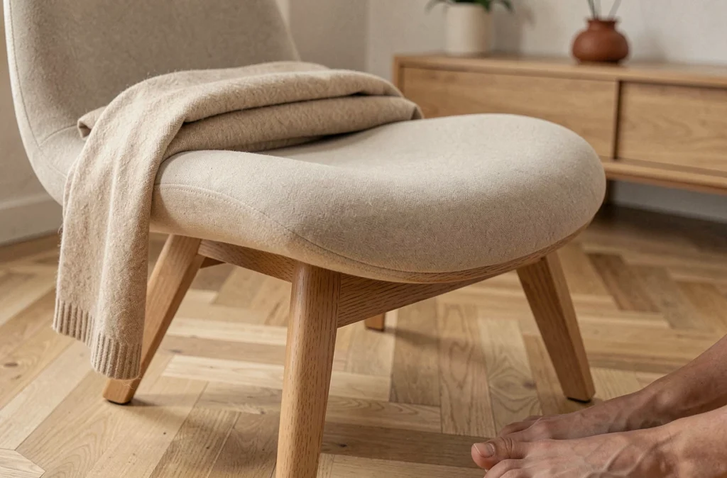 Détail en gros plan d'une chaise de méditation ergonomique avec assise incurvée et pieds en bois naturel