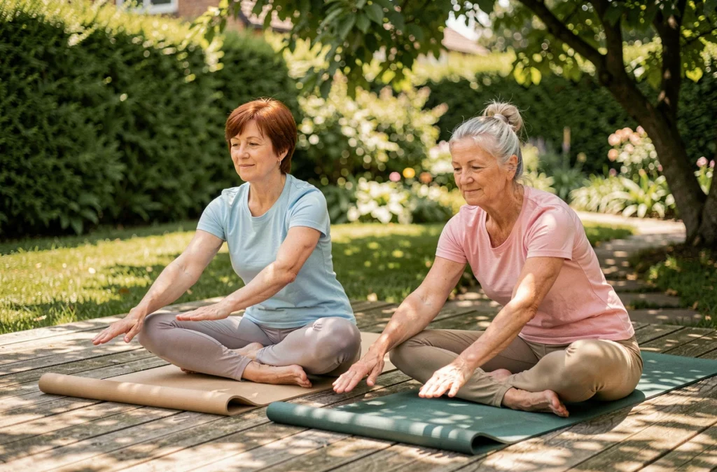Deux femmes seniors pratiquant une flexion avant assises en tailleur sur un deck en bois dans un jardin verdoyant