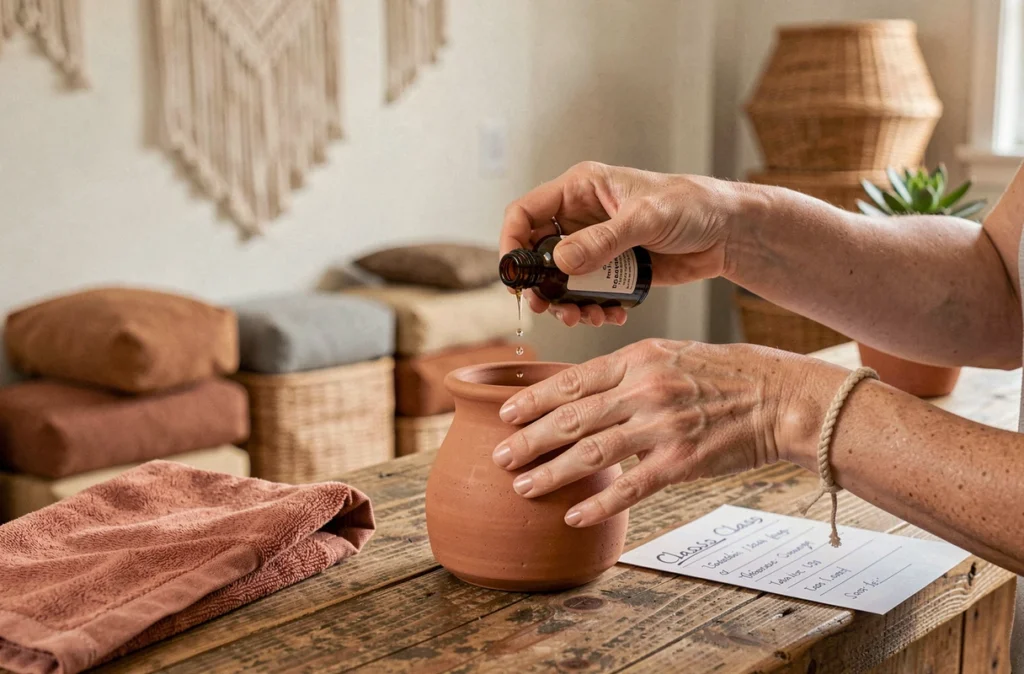 Mains versant des huiles essentielles dans un diffuseur en terre cuite à la réception d'un cabinet de yoga