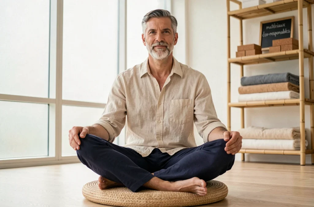 Enseignant de yoga assis sur un coussin de méditation en jute dans un studio éco-responsable avec équipements durables