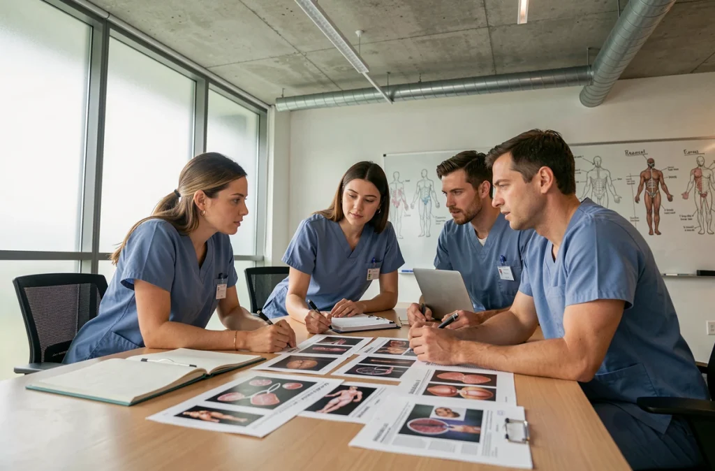 Équipe médicale pluridisciplinaire discutant de photos cliniques lors d'une réunion de diagnostic en oncologie buccale