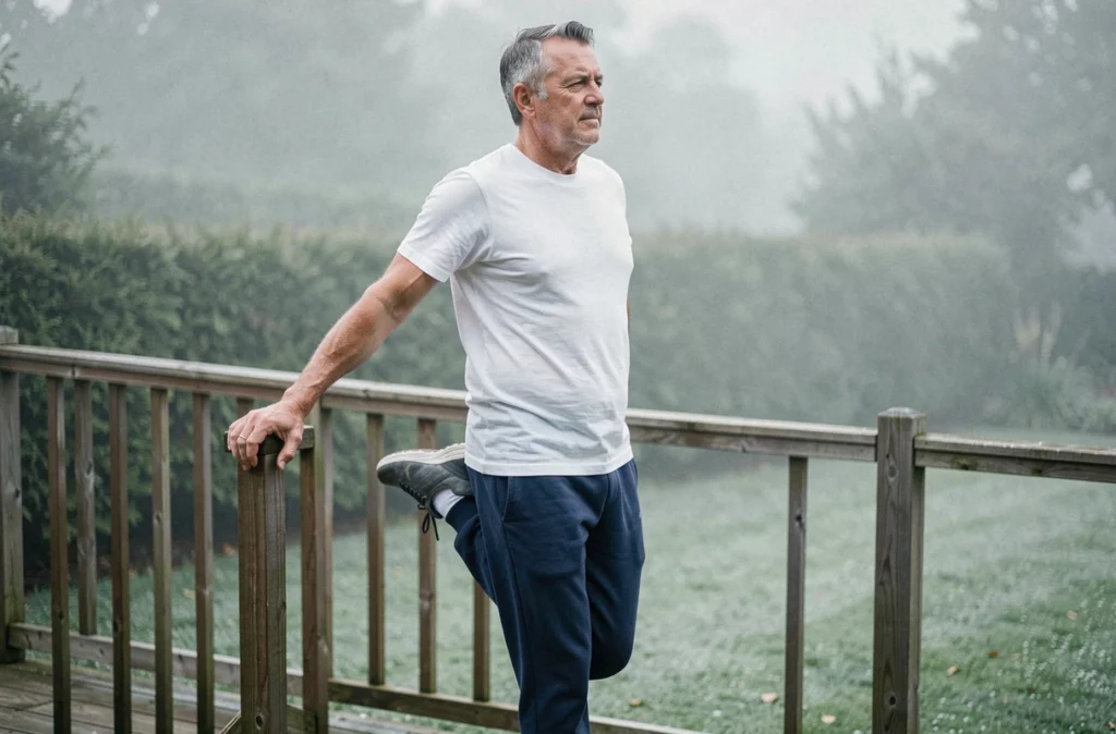 Homme senior s'étirant les jambes sur une terrasse en bois au lever du soleil dans le jardin