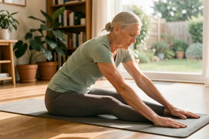 Femme de 60 ans faisant des étirements matinaux sur un tapis de yoga dans un salon ensoleillé