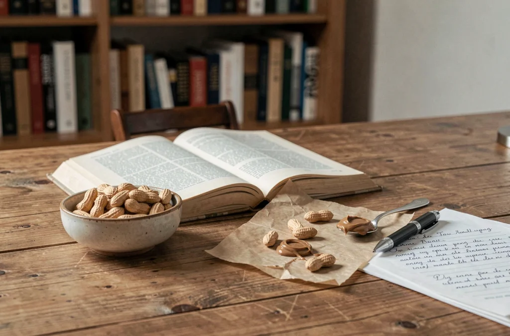 Livre de nutrition ouvert sur un bureau avec des cacahuètes grillées et du beurre de cacahuète, représentant les recherches scientifiques sur les bienfaits des arachides en 2026