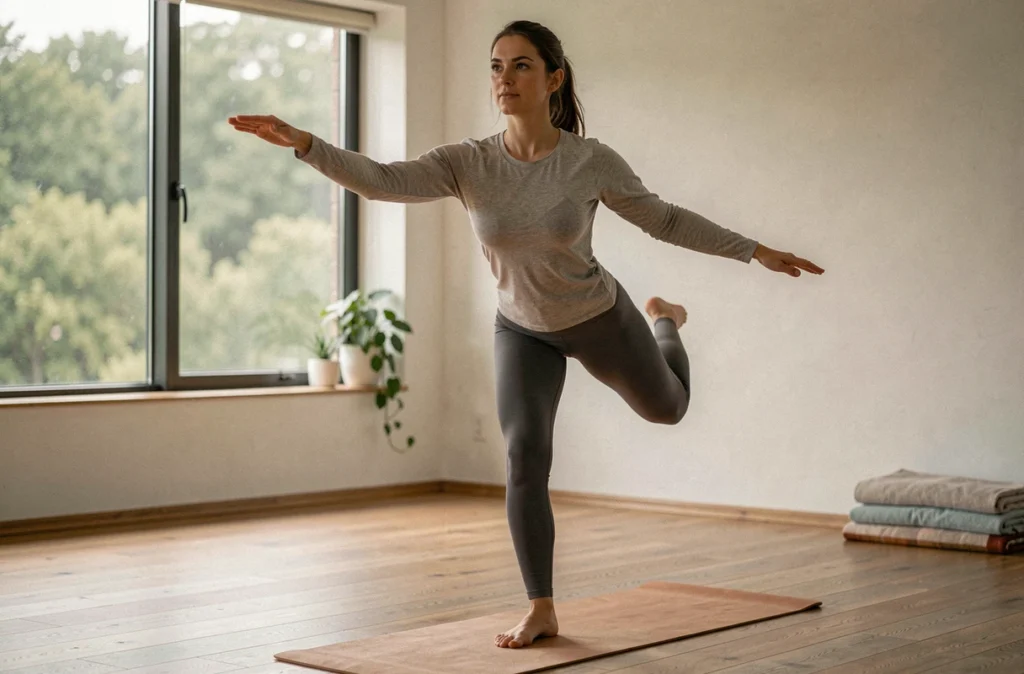 Femme pratiquant des exercices d'équilibre thérapeutiques à la maison pour soulager les symptômes de la maladie de Ménière