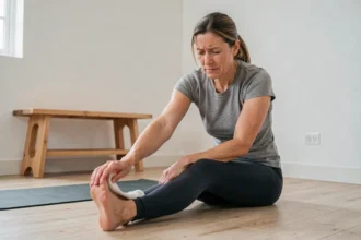 Femme effectuant un étirement du talon gauche avec une serviette sur un tapis de yoga à domicile