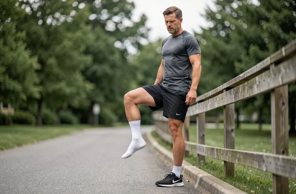 Homme réalisant un exercice de montée sur pointe pour soulager la douleur au talon gauche en extérieur