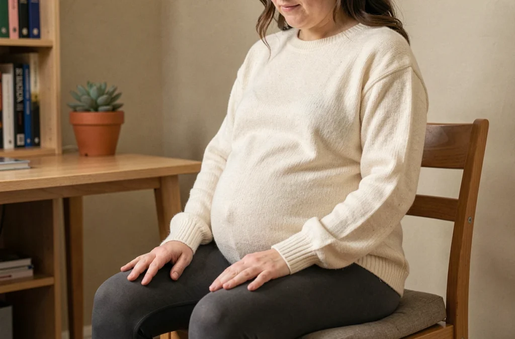 Femme enceinte pratiquant discrètement des exercices de périnée assise sur une chaise à la maison