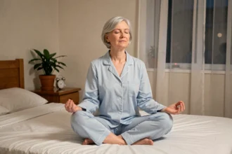 Femme âgée pratiquant des exercices respiratoires assis sur son lit avant de dormir