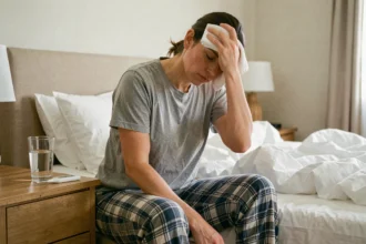 Femme adulte avec fièvre persistante assise sur son lit, tenant un linge sur le front, thermomètre posé sur la table de chevet