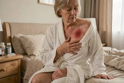 Femme âgée souffrant d'une éruption cutanée due au zona sur le côté du tronc, assise sur son lit