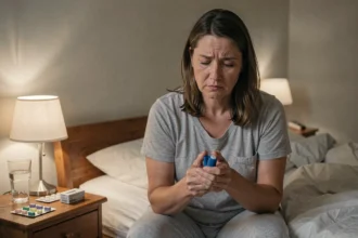 Femme adulte assise sur son lit tenant un inhalateur contre l'asthme, visage fatigué, ambiance chambre réaliste