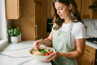 Femme préparant un bol de protéines végétales avec pois chiches, quinoa et avocat dans une cuisine moderne