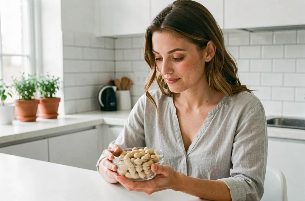 Jeune femme tenant un bol de cacahuètes dans une cuisine moderne, symbolisant une alimentation saine et équilibrée selon les études nutritionnelles