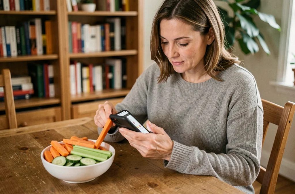 Femme consultant une application nutritionnelle avec des crudités de carottes pour gérer sa glycémie