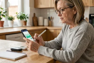 Femme d'âge mûr consultant une application diabète sur smartphone à la table de cuisine